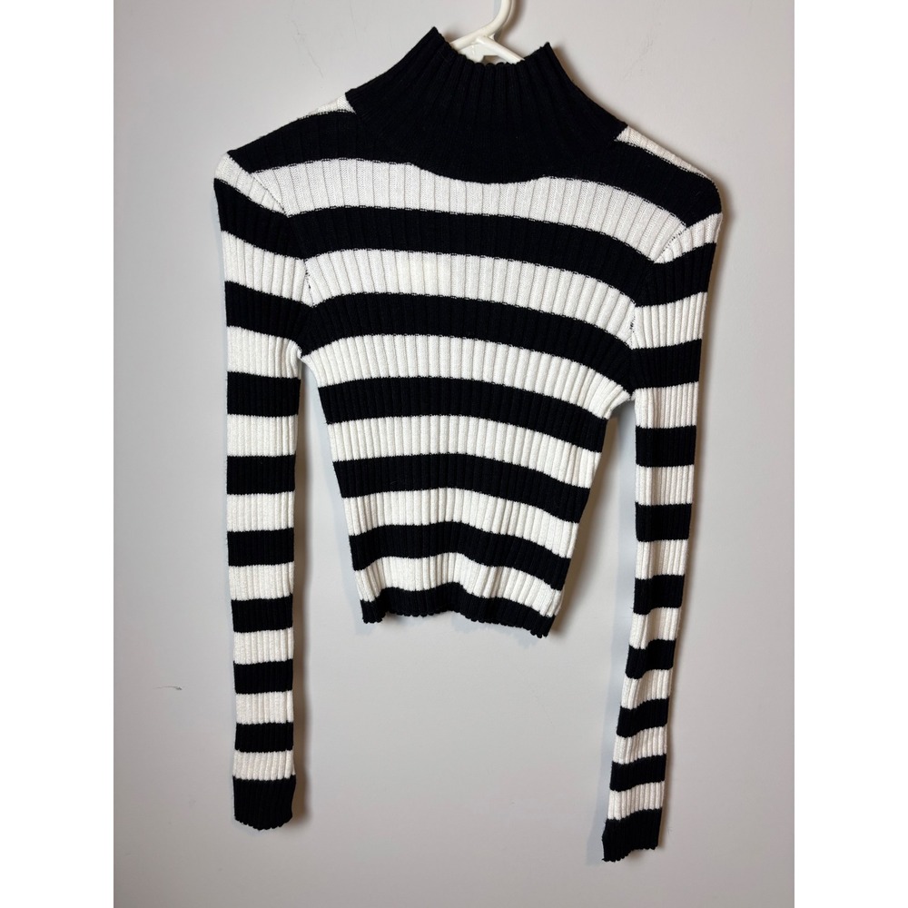 Altar'd State Womens Black White Striped Ribbed Mock Neck Cropped Sweater Large